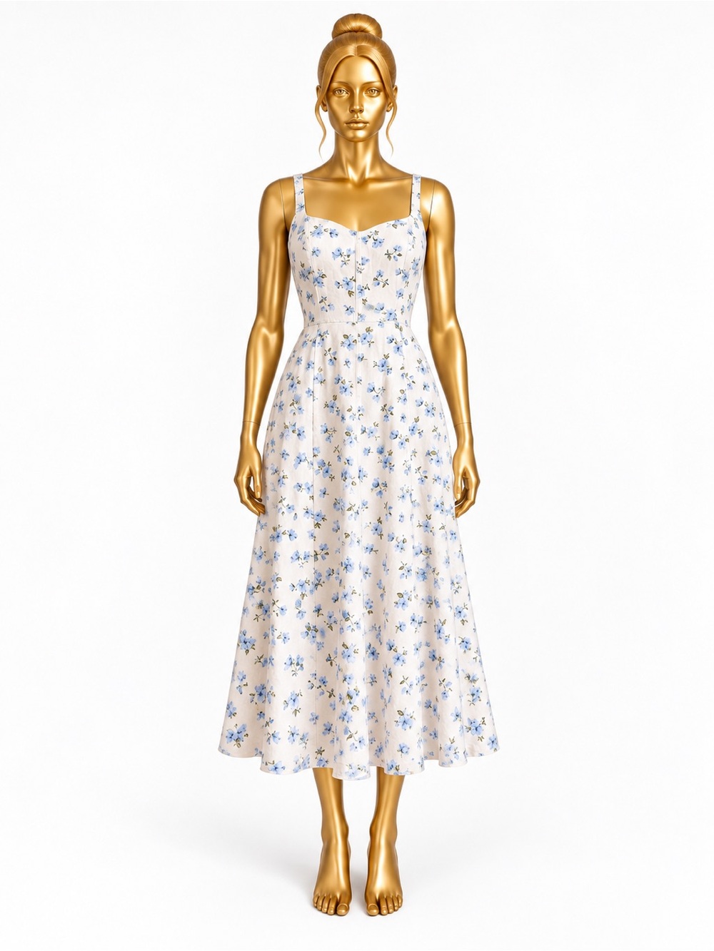 Old Navy Medium Blue Floral Linen Blend Midi Dress Pockets Fit & Flare